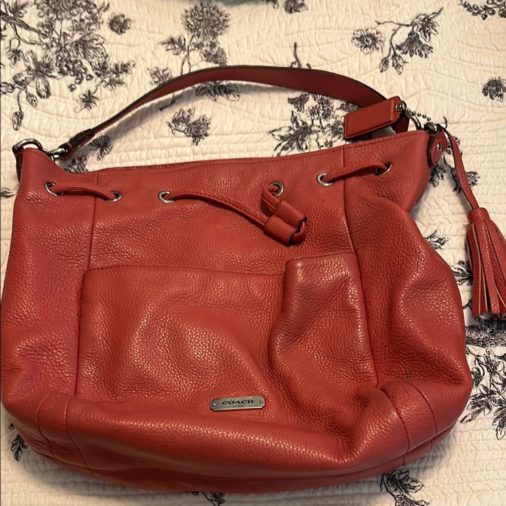Coach Orange/Red Hobo Shoulder Bag with Pebbled Leather